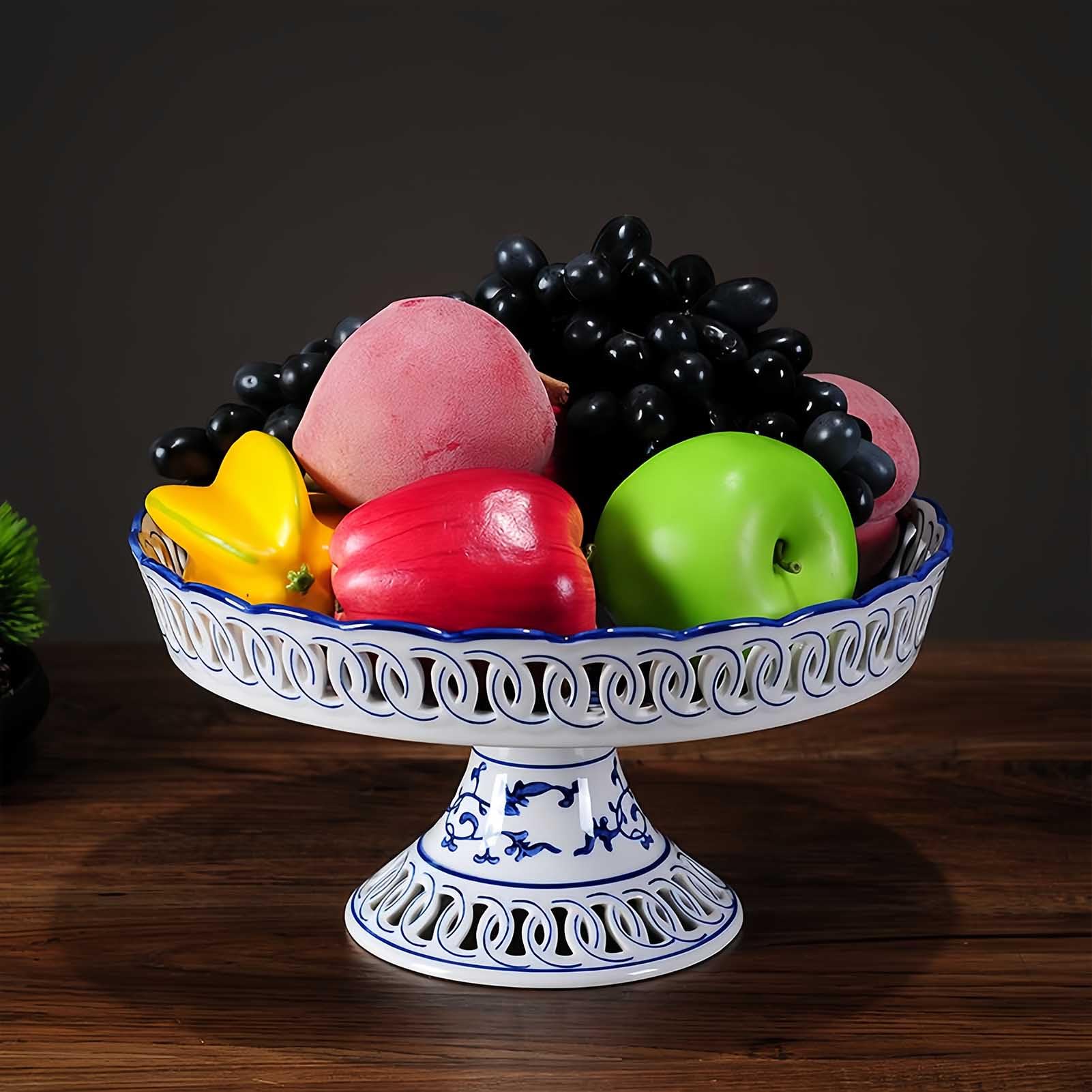 YYMayLsh Decorative Porcelain Fruit Bowl with Pedestal, Blue and White Floral Pattern, 11x5.7 inches