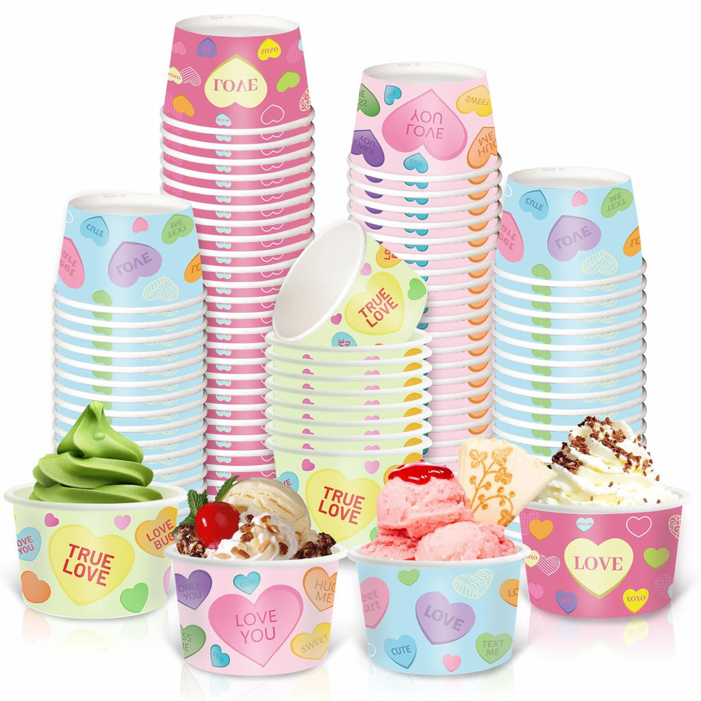 LANCU 60PCS Valentine Paper Ice Cream Cups 8oz Disposable Bowls Conversation Hearts Valentine Treat Snack Cups Pink Bowls for Hot or Cold Food Valentine Party Decor