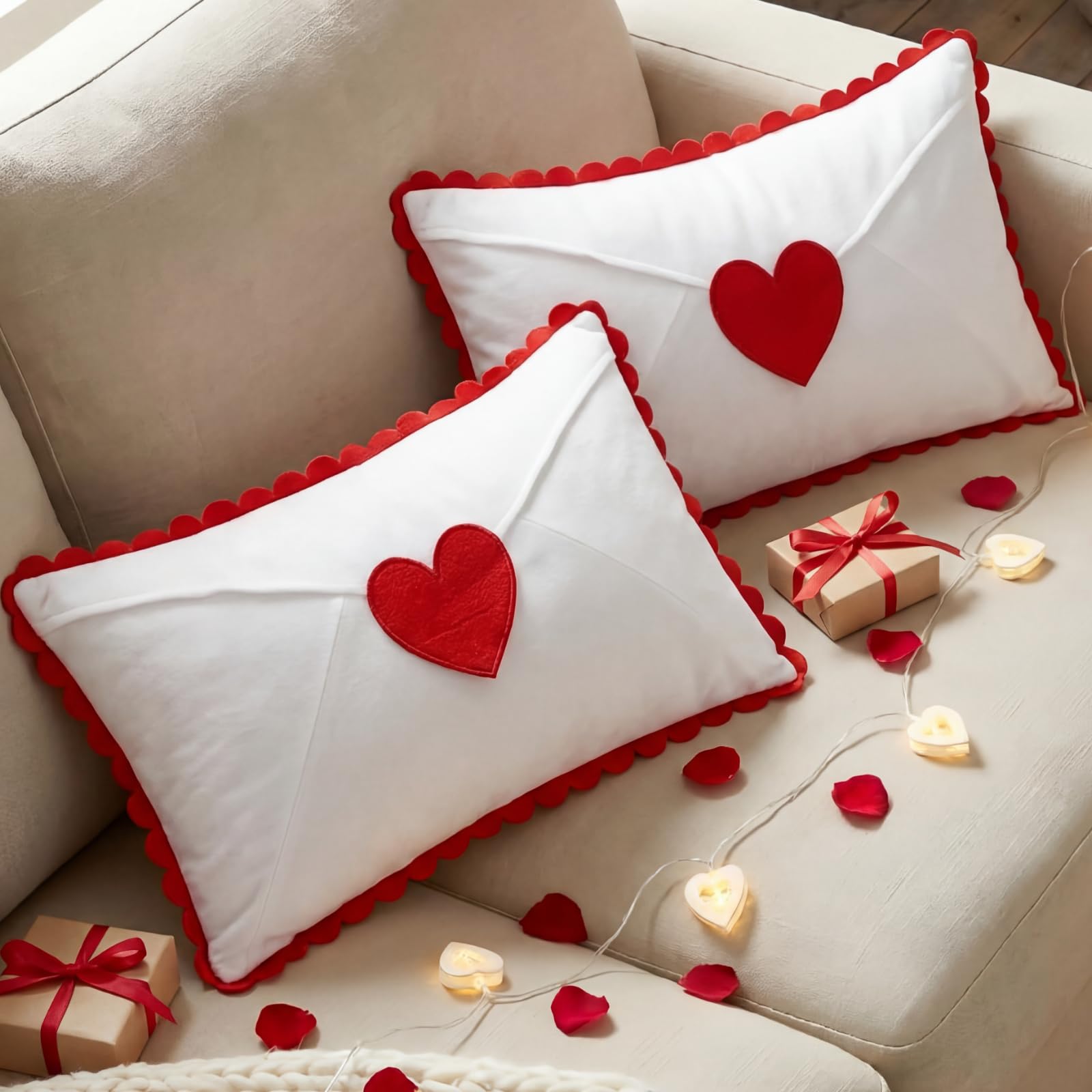 Cinnvoice 2 Pcs Valentine Day Pillow Covers 12x20 Valentines Lumbar Pillow Case Love Pattern Throw Cushion Case Heart Shape Embroidery Throw Covers for Bedroom Sofa Couch Decoration(Envelope)