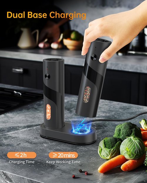Circle Joy Electric Rechargeable Salt and Pepper Grinder Set - Automatic Mill with Adjustable Coarseness & LED | Easy Fill, Large Capacity