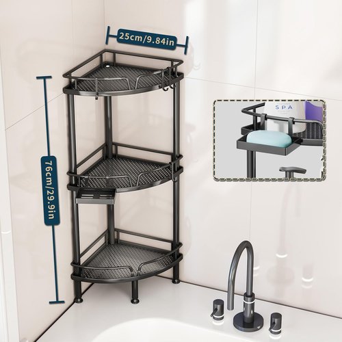 Consumest Corner Shower Caddy Stand - 3-Tier Organizer with Soap Holder & Adjustable Feet | Black