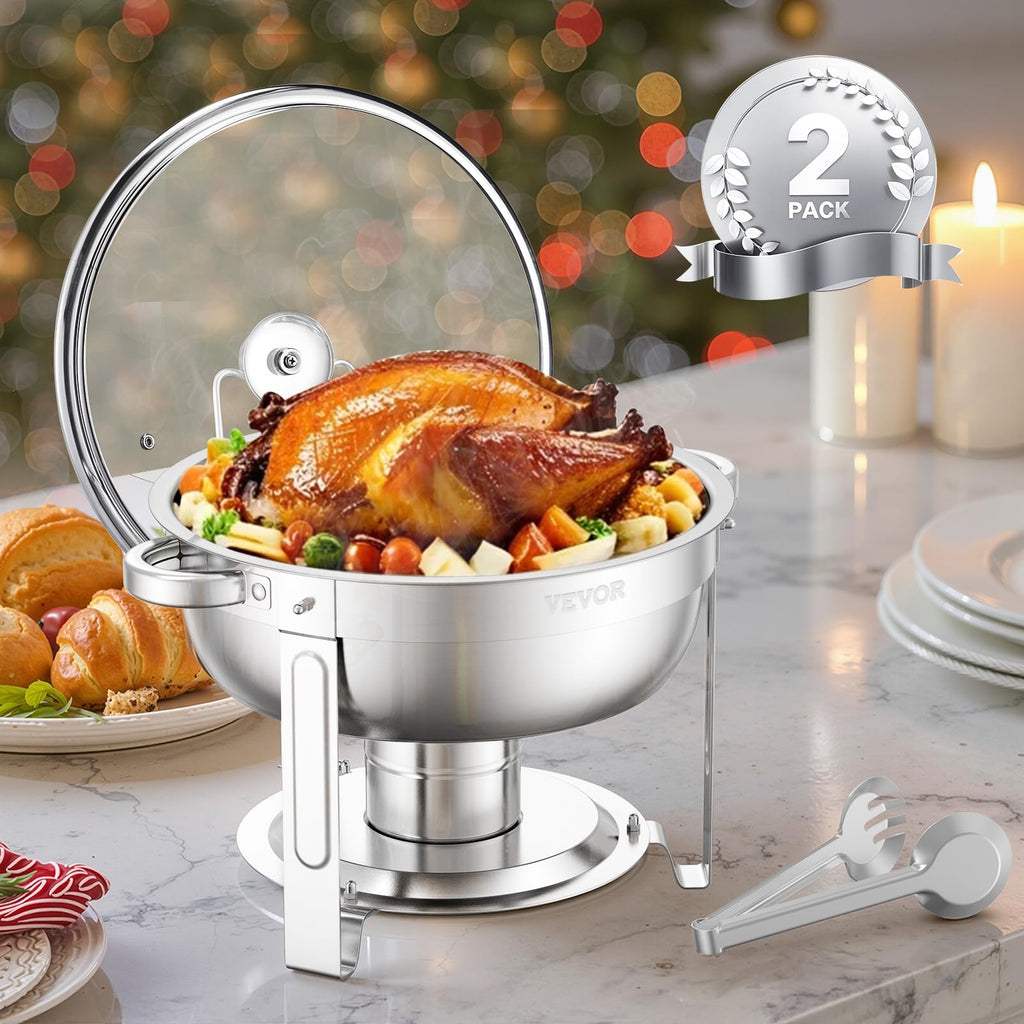 VEVOR Chafing Dish Buffet Set,5 Qt 2 Pack,Stainless Steel Chafer with 2 Full Size Pan,Round Catering Warmer Server with Glass Lid Water Pan Folding Stand Fuel Holder, for Wedding Party Banquet, Silver