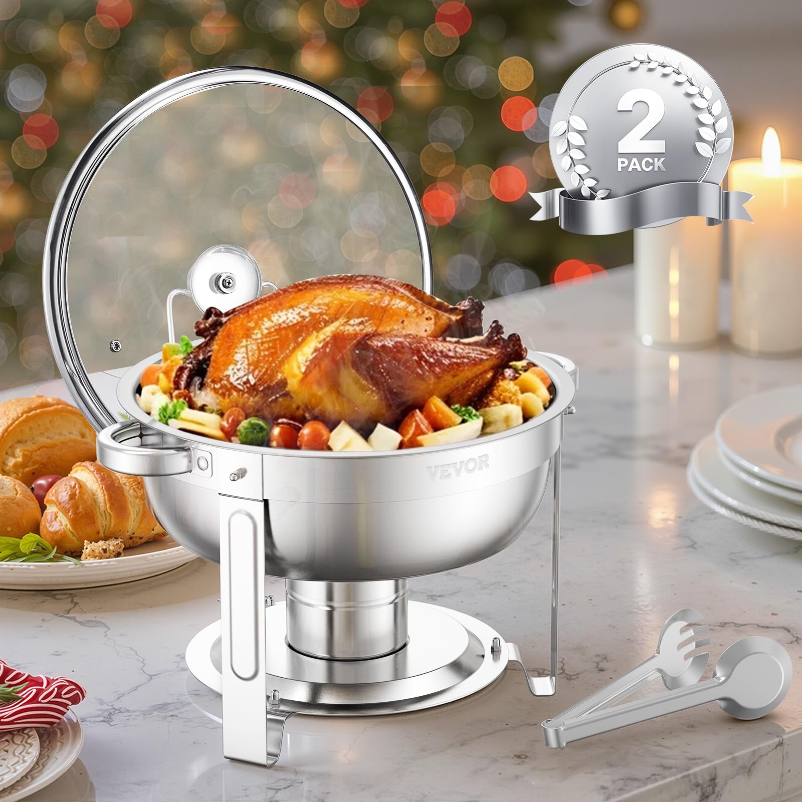 VEVOR Chafing Dish Buffet Set,5 Qt 2 Pack,Stainless Steel Chafer with 2 Full Size Pan,Round Catering Warmer Server with Glass Lid Water Pan Folding Stand Fuel Holder, for Wedding Party Banquet, Silver