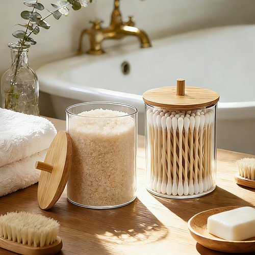 Glass Qtip Holder Dispenser Set - 10oz Cotton Swab & Bamboo Lids | Stylish Bathroom Storage (2 Pack)