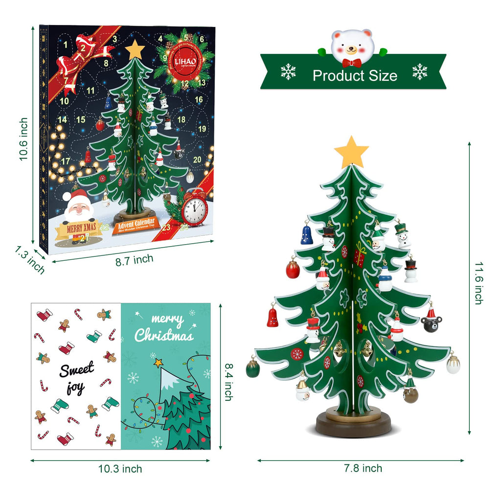 LIHAO Christmas Advent Calendar, 24 Days Tabletop Christmas Tree Countdown Calendar with 24PCS Ornaments for Boys Girls Kids Party Favors, Classroom Prizes Xmas Gift