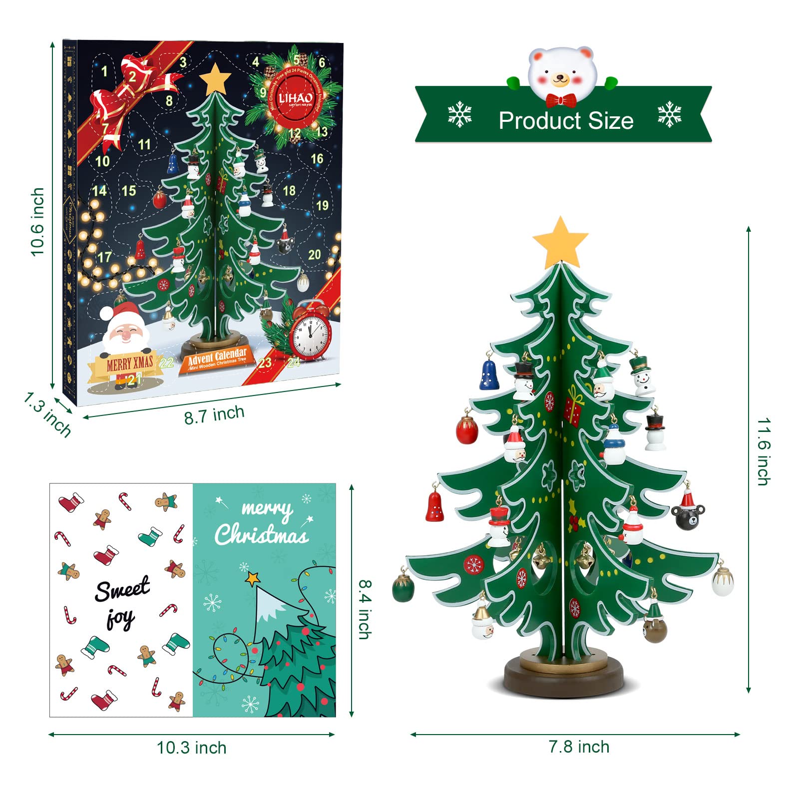 LIHAO Christmas Advent Calendar, 24 Days Tabletop Christmas Tree Countdown Calendar with 24PCS Ornaments for Boys Girls Kids Party Favors, Classroom Prizes Xmas Gift