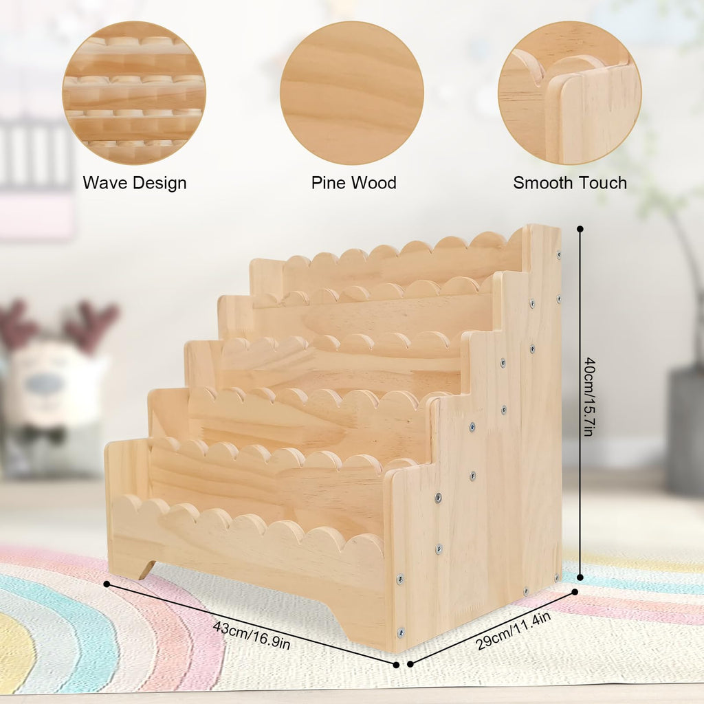 5 Tier Small Wooden Scalloped Shelf for Toddler 1-5 Years, Kids Bookshelf Children Montessori Bookshelf, Durable Baby Toddler Bookcase for Nursery Playroom, 16.9*11.4*15.7"