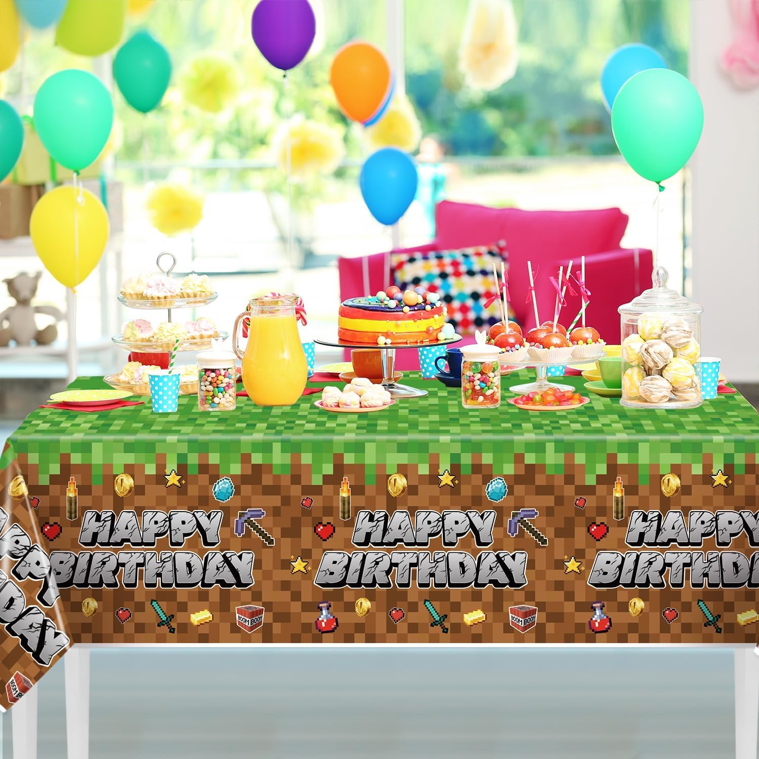 HALUNHL Pixel Birthday Party Decorations Tablecloth, Large 108" X 54" Popular Game Theme Birthday Table Cover for Big Fans, Pixel Party Supplies Table Cloth for Home