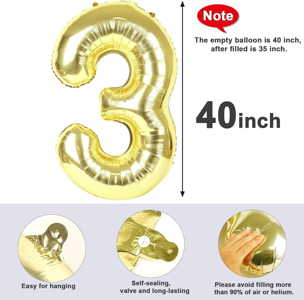 Numbers Balloon 3 - 40 Inch Large Light Gold Balloon for Three Year Old Birthday Decor | Party Decorations