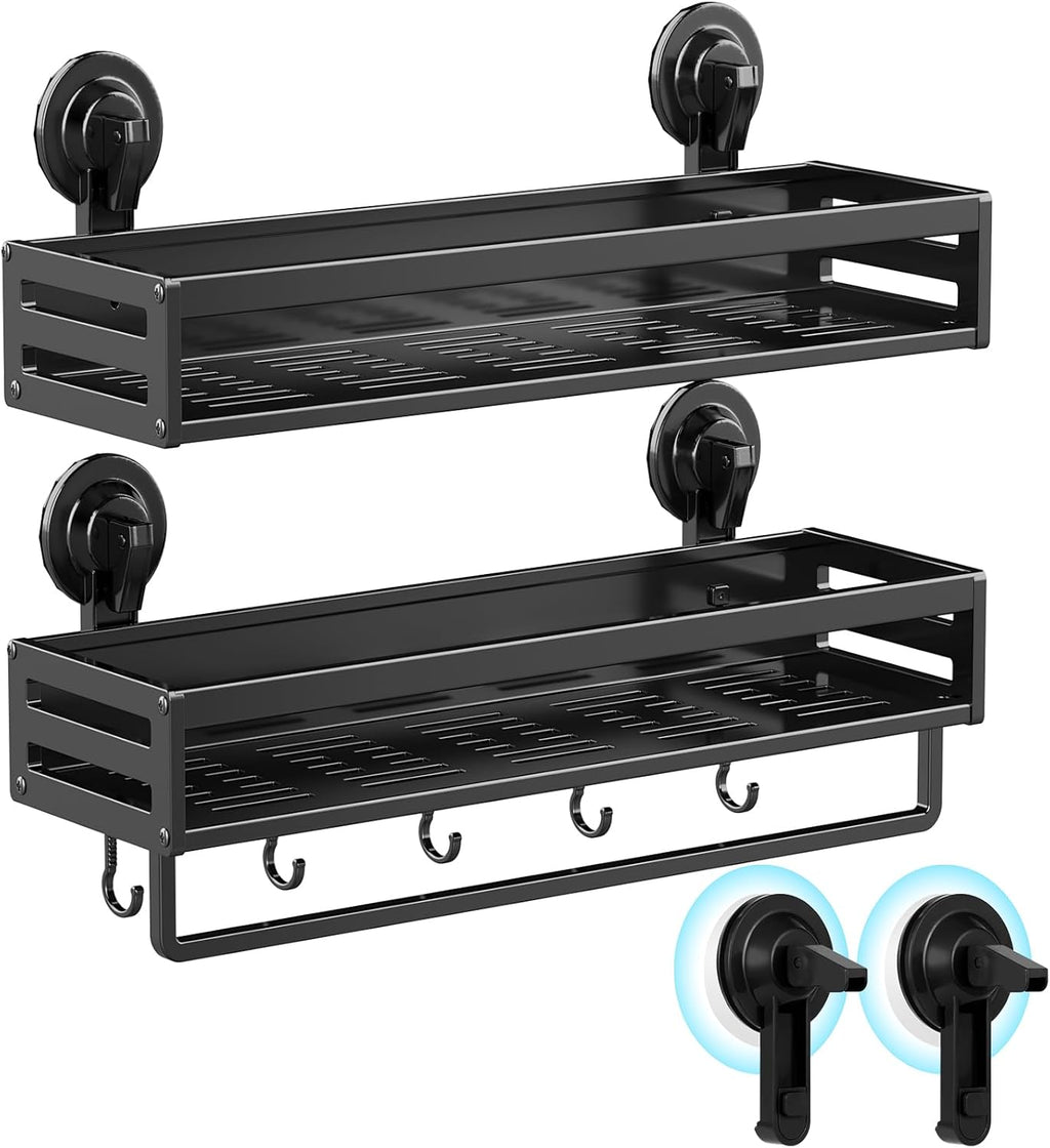 Skiennix Shower Caddy - 15.7 Inch No-Drill Suction Shelf with Hooks | Rustproof Bathroom Organizer - Black