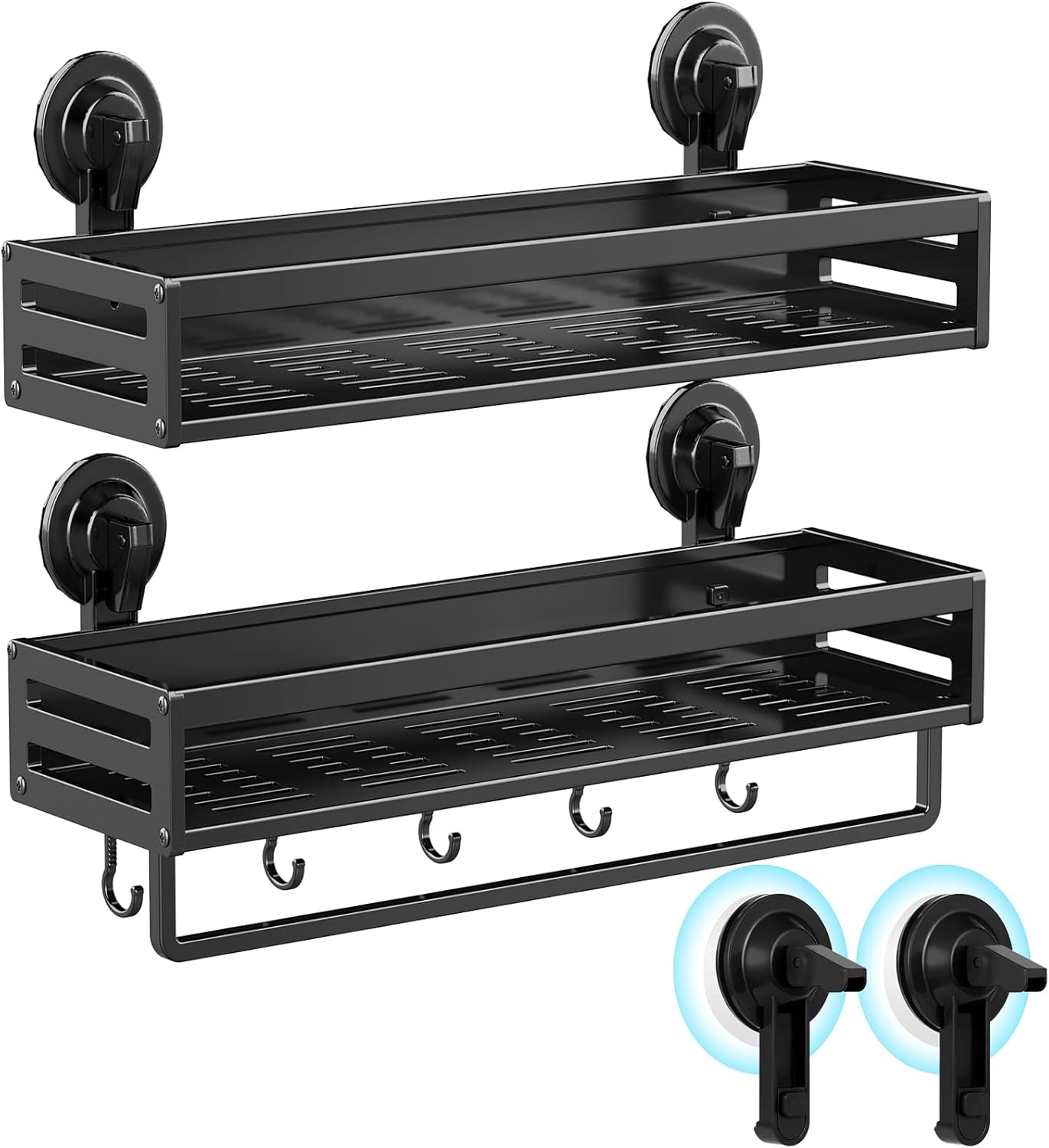 Skiennix Shower Caddy - 15.7 Inch No-Drill Suction Shelf with Hooks | Rustproof Bathroom Organizer - Black
