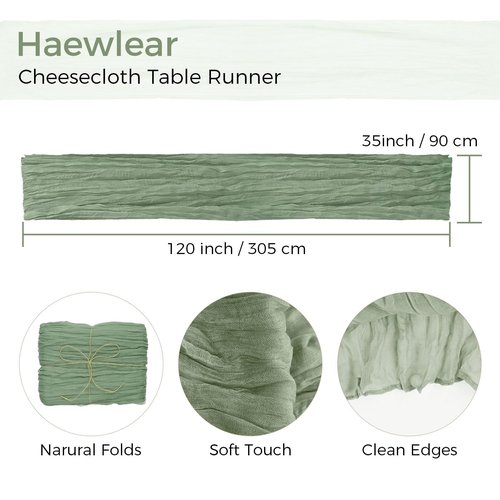 10PCS Sage Green Cheesecloth Table Runner 120*35ft Boho Gauze Fabric Cheese Cloth Table Runner Comes with 10 Cloth Napkins Runner for Romantic Wedding Birthday Shower Party Table Decoration