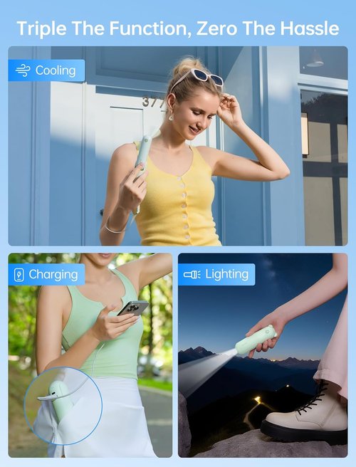 JISULIFE Handheld Mini Fan - 3-in-1 USB Rechargeable Portable Fan with Power Bank & Flashlight | Green