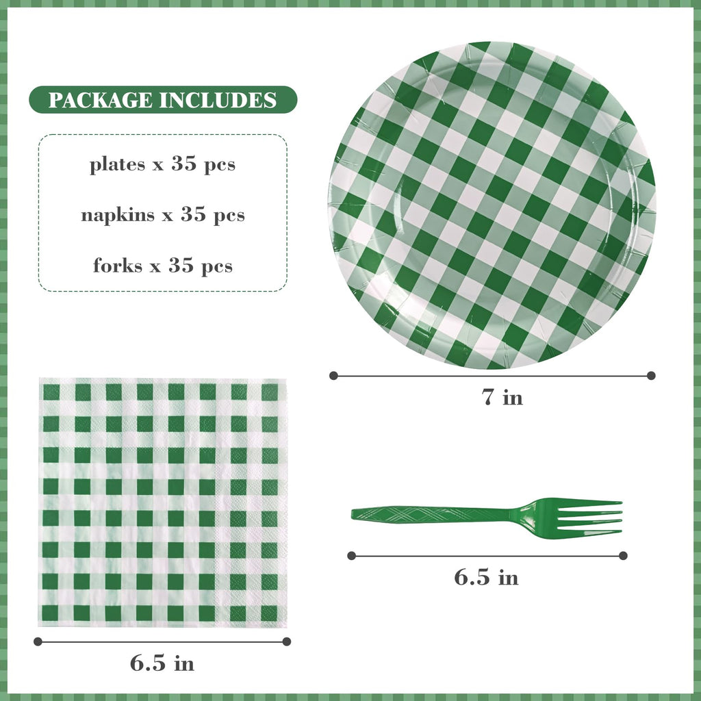 WYQJHKV 105 Pcs Dark Green Gingham Party Supplies Include 7 Inch Disposable Dark Green Dessert Paper Plates and Napkins for Wedding Baby Shower Birthday Party