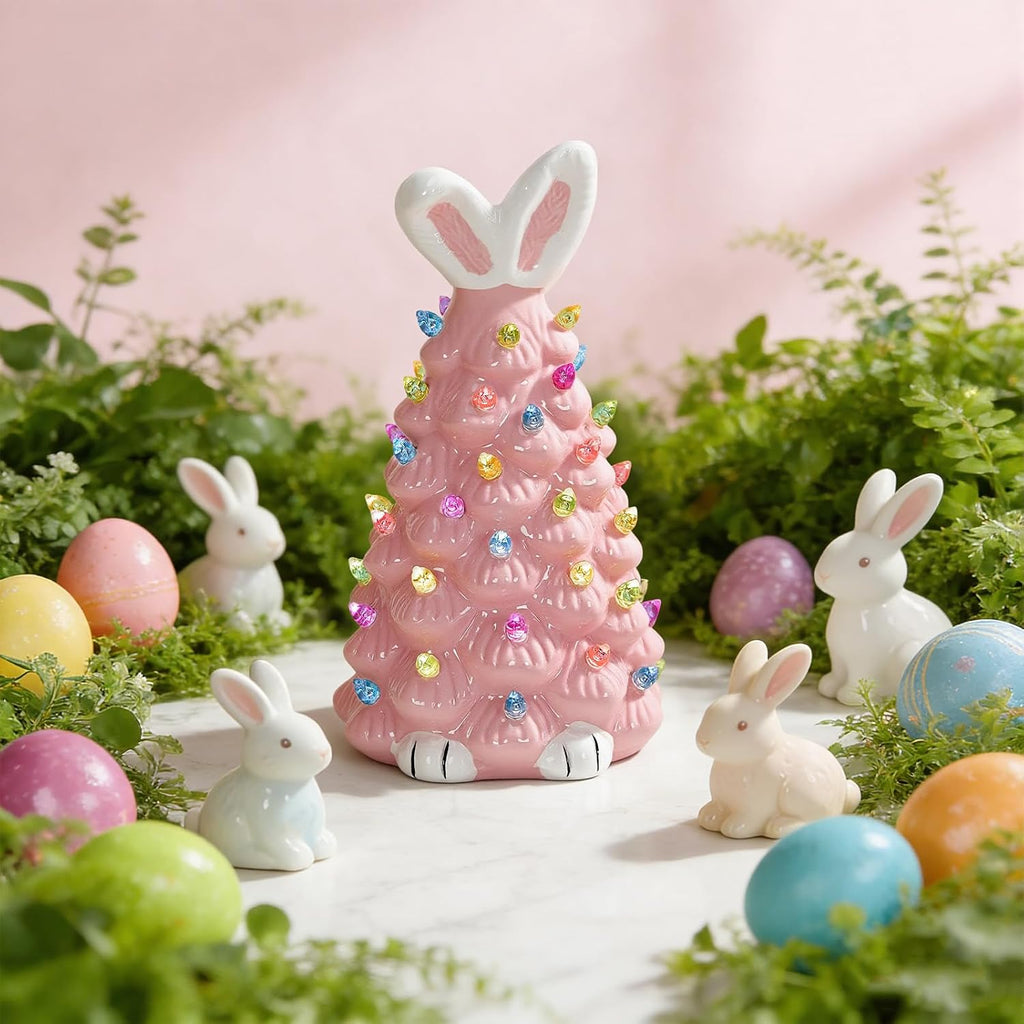 Skiennix Cute Ceramic Easter Bunny Tree Decor - Light Up Spring Tabletop Decoration for Kids (Pink)