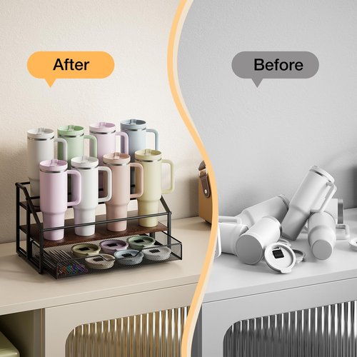 MOJOHAND Water Bottle Organizer for Stanley, 3-Tier 8 Bottles Rack with Storage Basket for Cup Accessories, Large Tumbler Holder Stand, Water Bottle Holder Wine Rack