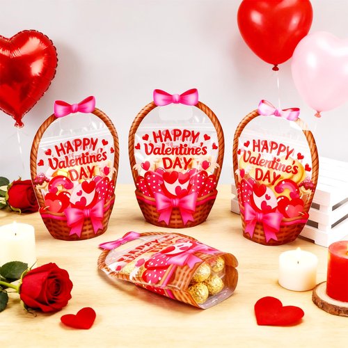 Fuutreo 25 Pcs Valentine's Day Gift Bags Heart Basket Treat Bags with Handles Reusable Plastic Favor Pouches for Holiday Candy Wrapping, Party Goodie Supplies, and Romantic Gift Decor(Pink Heart)