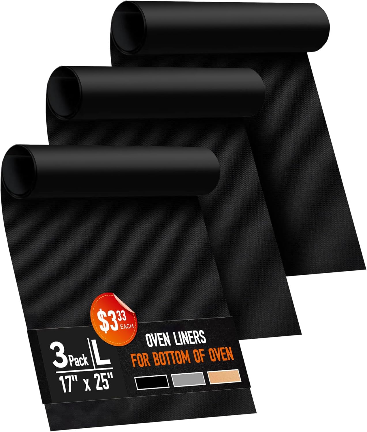 Skiennix Oven Liners - Heavy-Duty Non-Stick Mats | 3 Pack, 17x25" - BPA & PFOA Free, Dishwasher Safe, Black