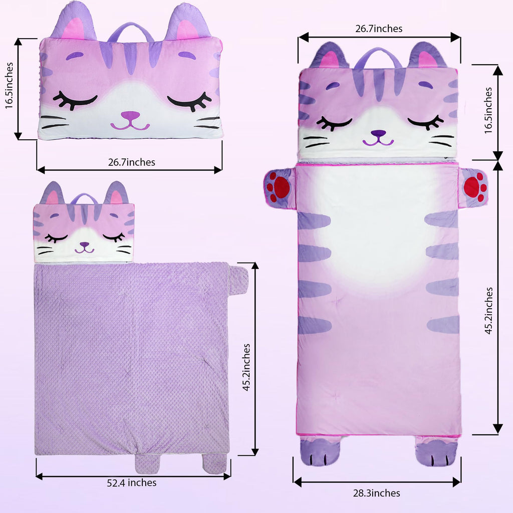 Wizland Kids Sleeping Bag Girls Daycare Mat Flannel Kitty Nap Preschool Rest Mats-Kindergarten, Fluffy Warm Portable Pink Nap Thick Nap Roll for Toddlers-61.8"×28.3"