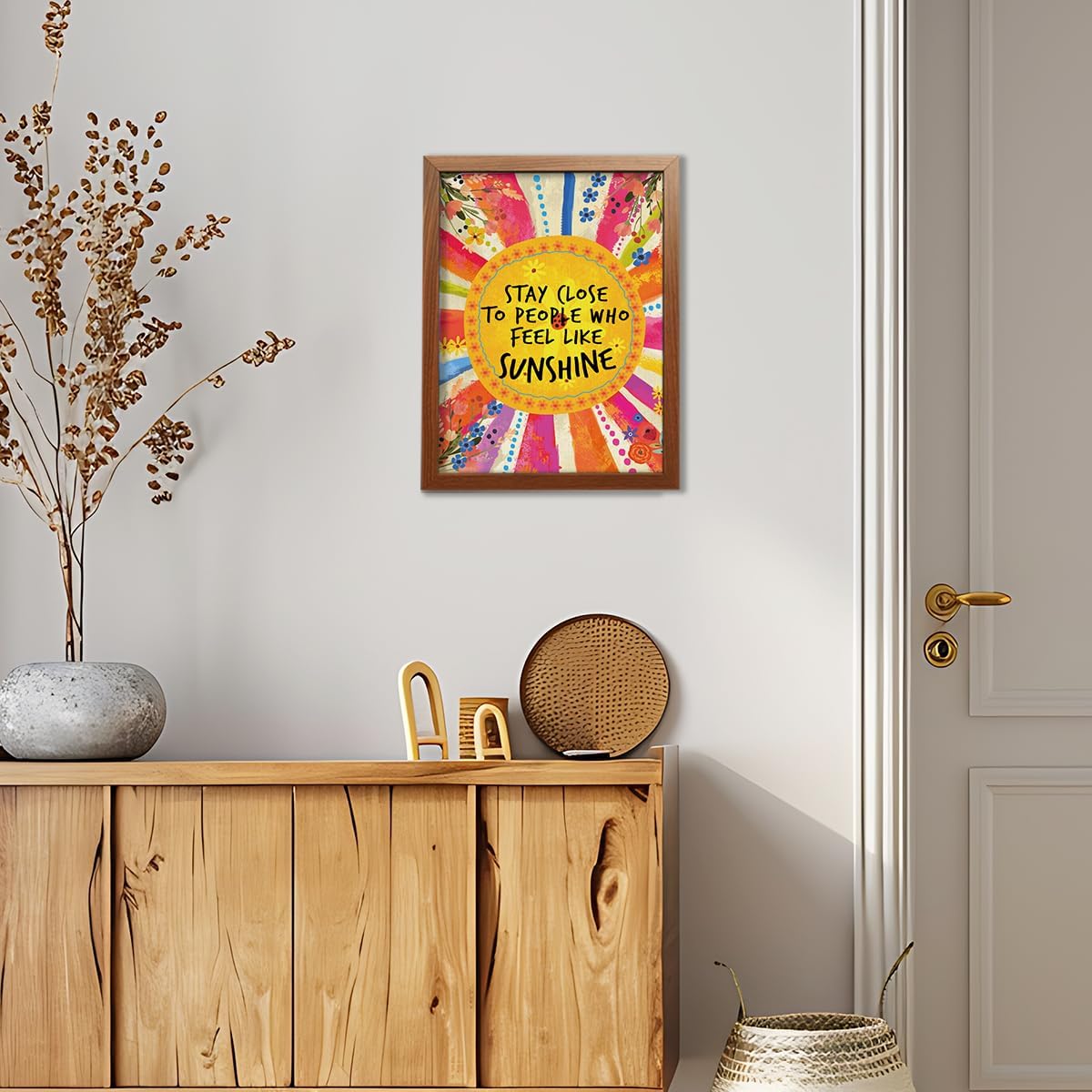 YEOION Inspirational Quote Wall Art - "Stay Close to People Who Feel Like Sunshine" | Canvas Print with Imitation Wood Metal Frame for Girls' Bedroom Decor