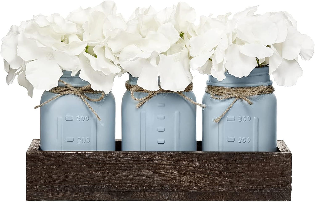 Mkono Decorative Wood Tray - Mason Jar Centerpiece with 3 Painted Jars & Artificial Flowers | Rustic Farmhouse Decor for Dining Room, Living Room, Kitchen