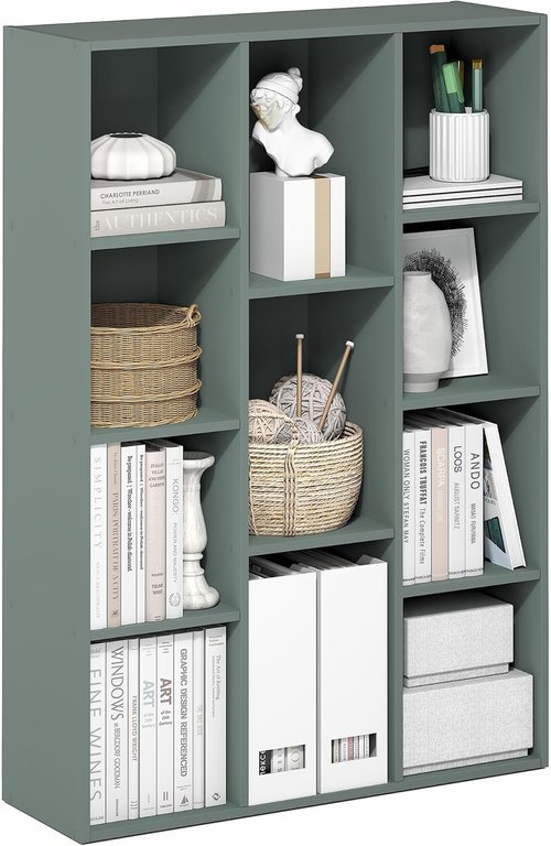 Furinno LUDER Bookshelf - 11-Cube Reversible Bookcase in Sage Green | Easy Assembly for Living Room, Bedroom, Home Office