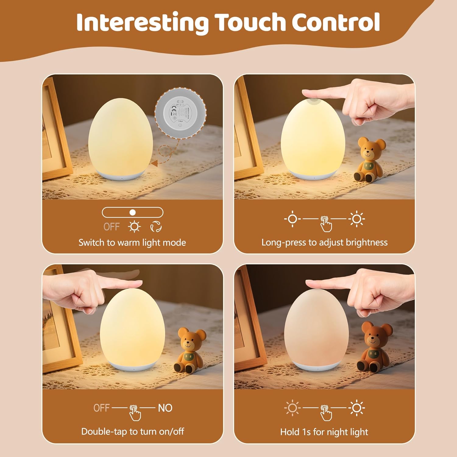 MediAcous Night Light - Soft Silicone Touch Egg Lamp with 7 Color Options & Dimming | Rechargeable Nursery Light