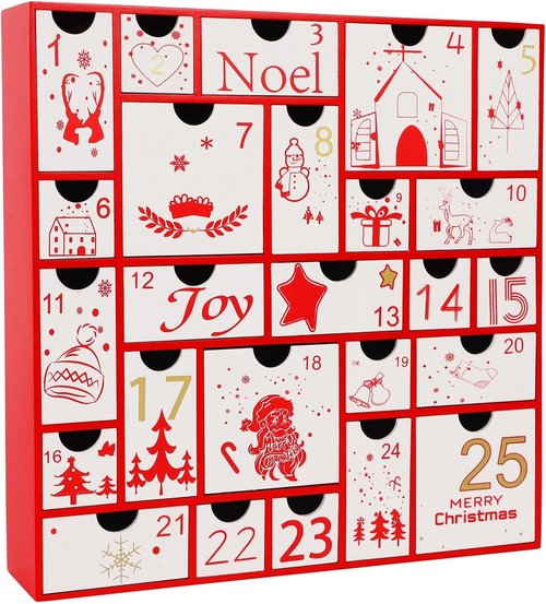 Juegoal Red Advent Calendar - 11.8 Inch Wooden Christmas Countdown with 25 Large Drawers | Hand-Painted Holiday Decor
