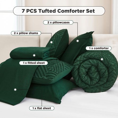 Andency Oversized Queen Comforter Set 7 Piece Dark Emerald Green - Bed in a Bag Oversized Queen Boho Lightweight Fluffy Tufted Bedding Sets with Comforter, Sheets, Pillowcases & Shams