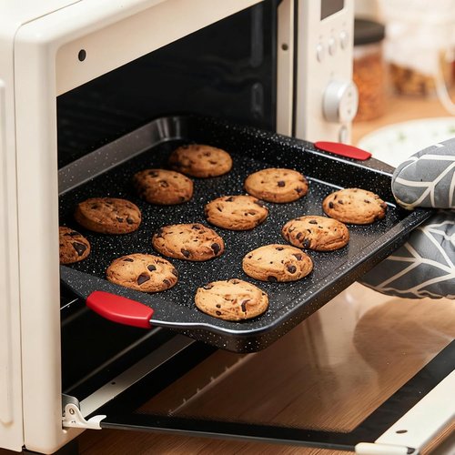 Anveena Nonstick Kitchen Oven Baking Pans - Premium Commercial Grade Bakeware with Red Silicone Handles | Easy to Clean Black, 3-Piece Set