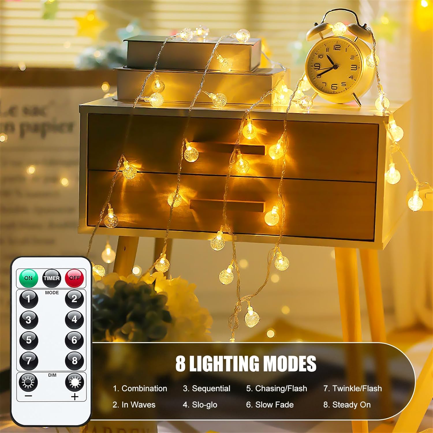 Minetom Crystal Globe String Lights - 33 ft 60 LED Waterproof Fairy Lights with Remote & 8 Modes | Warm White Decor