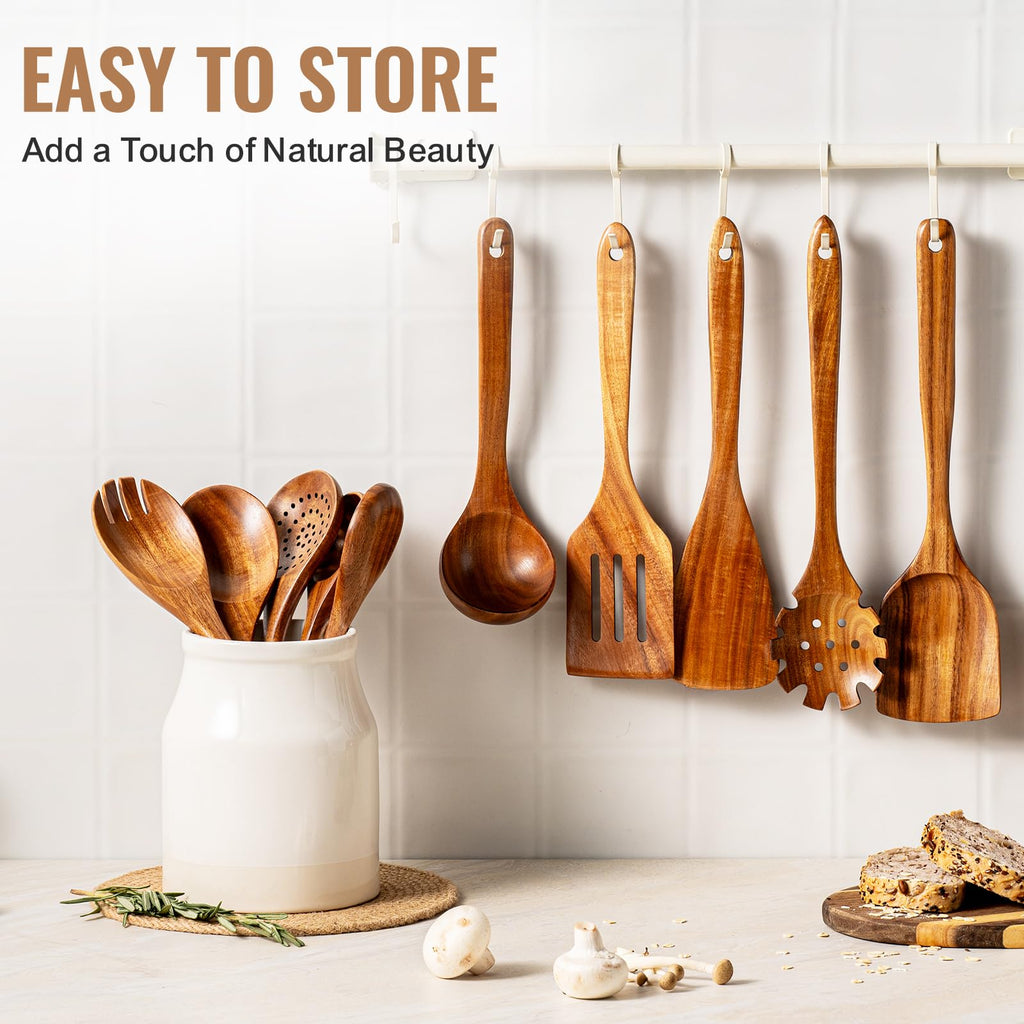Terlulu 10 Pcs Wooden Spoons for Cooking, Natural Teak Wooden Kitchen Utensils Set, Durable Cooking Utensils Set with Comfort Grip for Cookware, Smooth Finish&NonStick& Heat Resistant Wooden Spatula