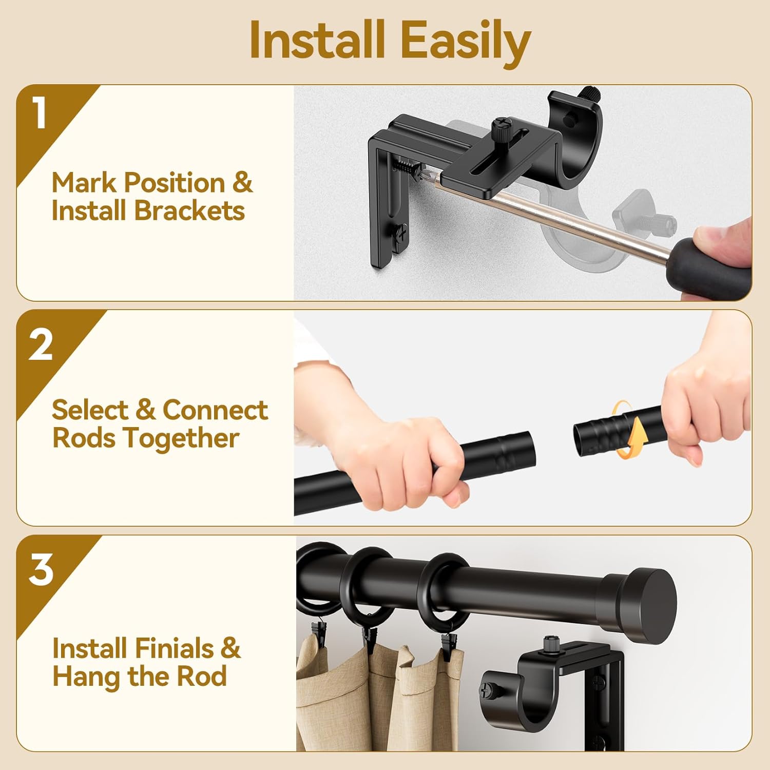 YaFex Curtain Rods - Heavy Duty 1 Inch Adjustable Window Treatment Rods, 32-58 Inch, Modern Black Design
