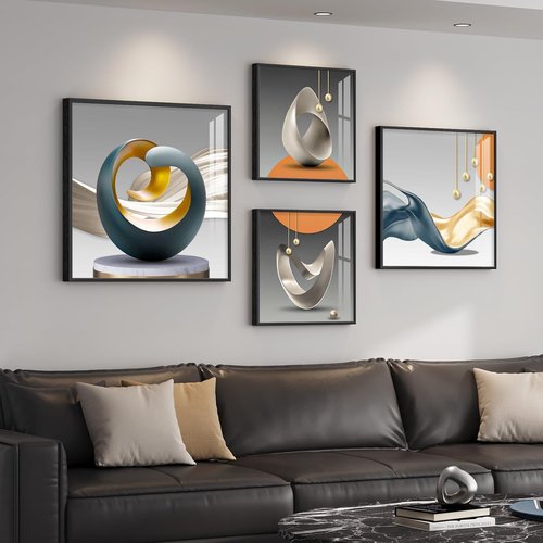 Abstract Luxury Geometric Wall Art Set by [Brand Name] - 4 Framed Prints in Orange, Gray & Gold for Modern Living Spaces