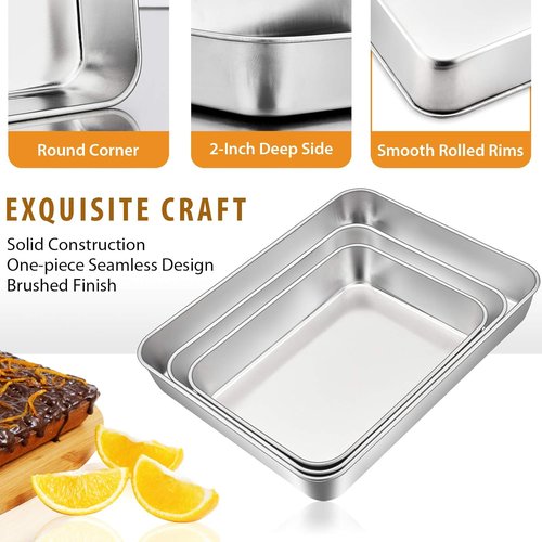 E-far Baking Pans Set - Stainless Steel Rectangle Cake & Loaf Pans | 3-Piece Set, Dishwasher Safe