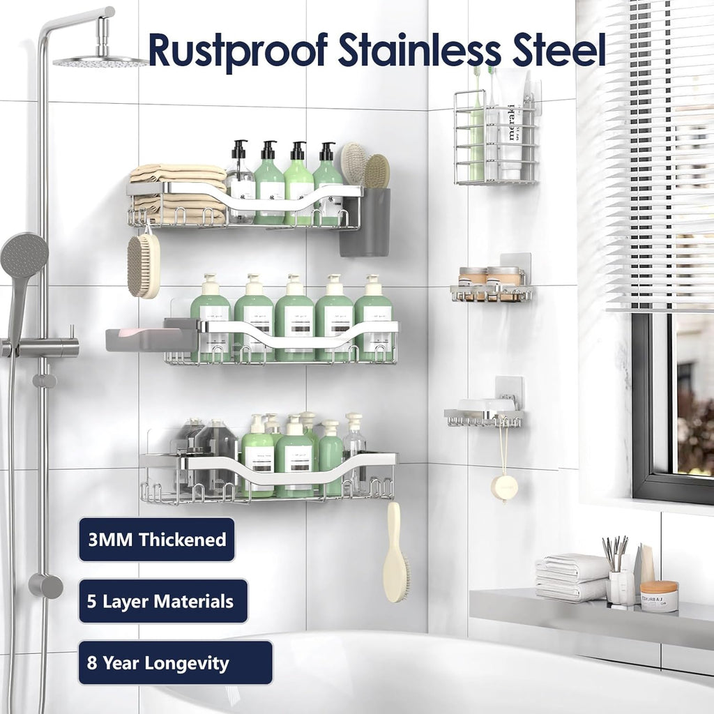 NESOMI Shower Caddy - Rustproof Stainless Steel Organizer with Large Capacity | 8-Pack No-Drill Storage Accessories