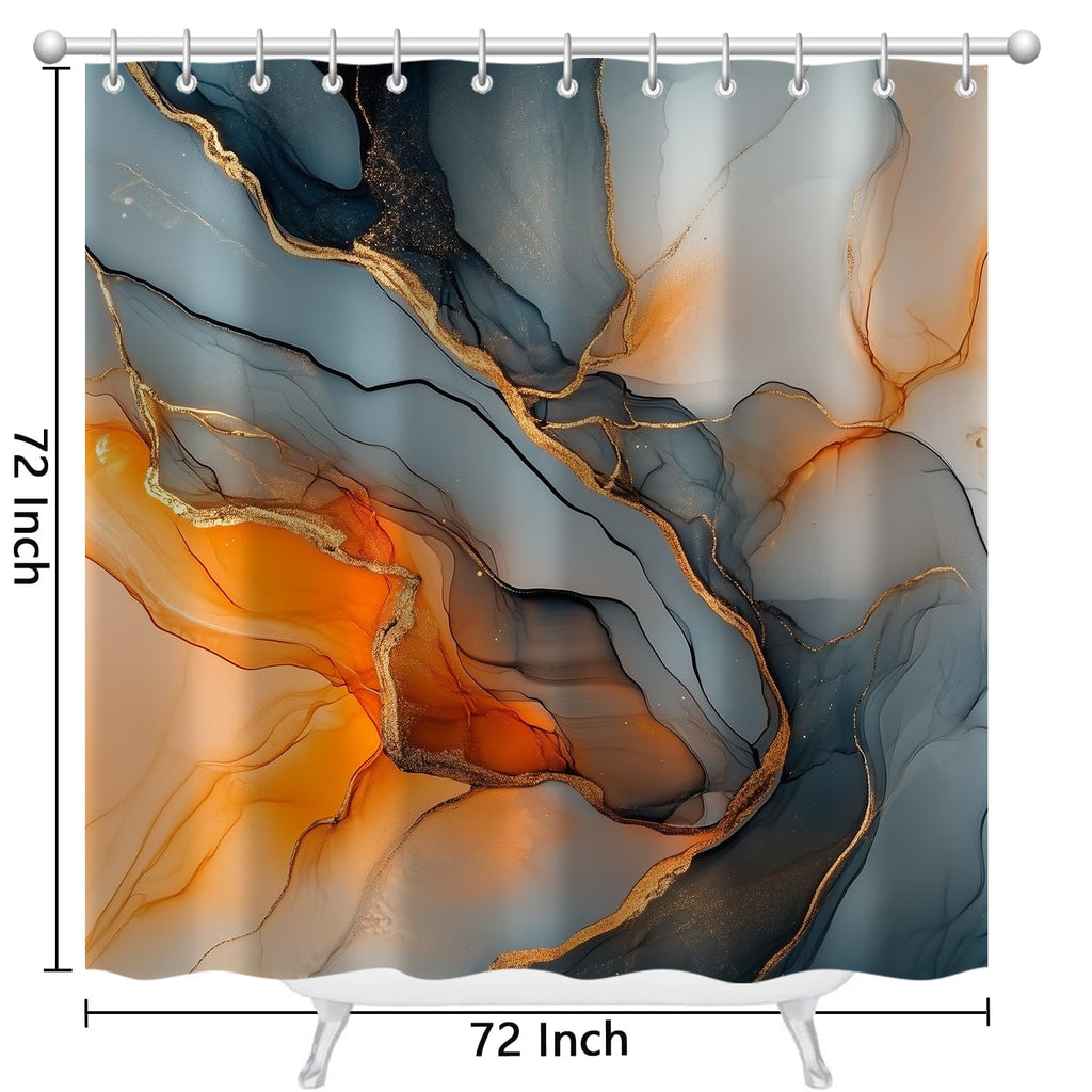 Moonslim Black Gold Marble Shower Curtains, Orange Grey Abstract Marble Shower Curtain, Modern Fabric Bath Curtain for Bathroom Decor Waterproof Cloth with Hooks 72X72 Inch
