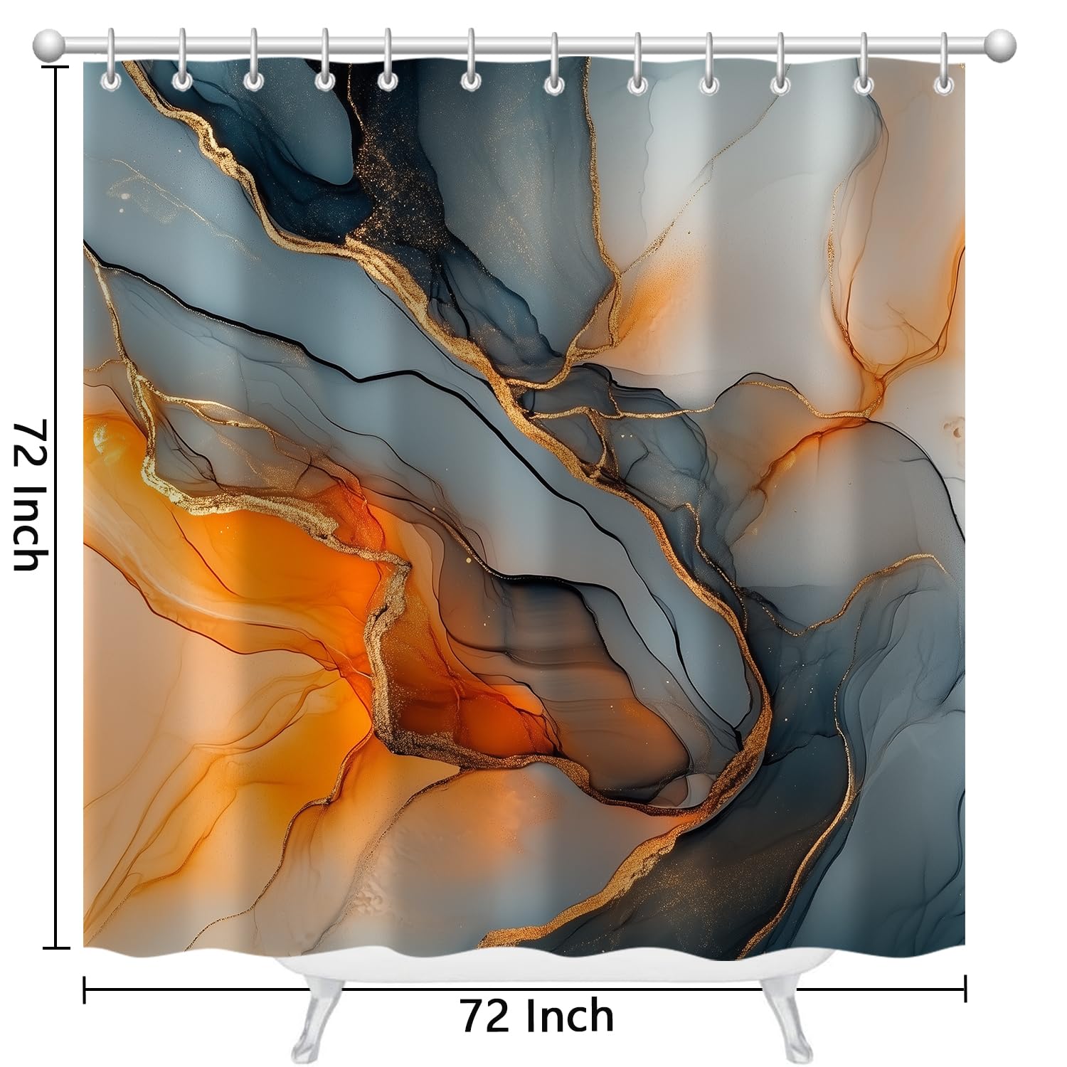 Moonslim Black Gold Marble Shower Curtains, Orange Grey Abstract Marble Shower Curtain, Modern Fabric Bath Curtain for Bathroom Decor Waterproof Cloth with Hooks 72X72 Inch
