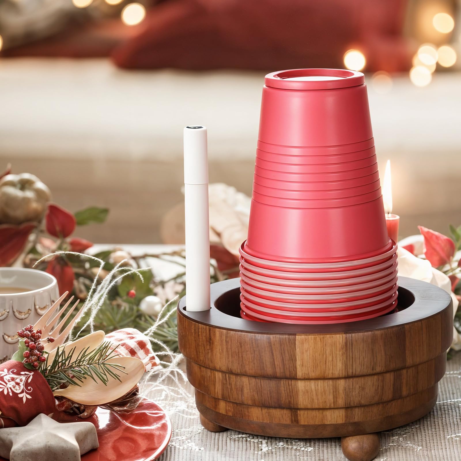 Ptwola Acacia Wood Cup Holder with Marker Slot, Disposable Paper Cup Dispenser Rustic Drink Mug Organizer Storage Box for Wedding Birthday Party Bar Kitchen Picnic Housewarming Decoration (No Pen)