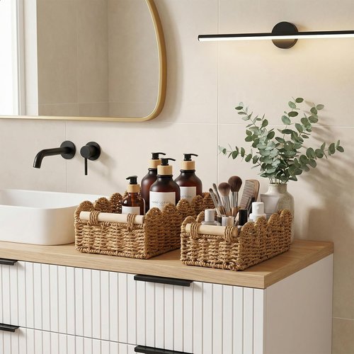 Beige Scalloped Edge Wicker Basket Set by [Brand Name] - 2 Pcs Toilet Paper Storage for Bathroom Decor