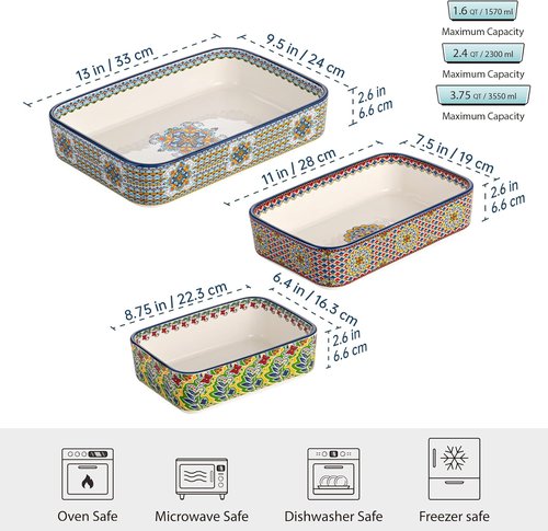 Boho Style Ceramic Baking Dishes Set of 3 | Rectangular Casserole Dishes for Oven, Roasting & Serving