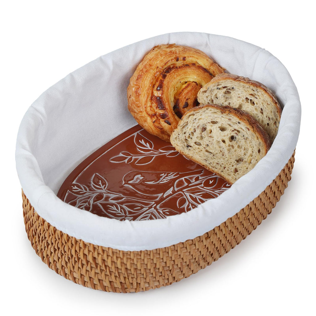 YANGQIHOME Bread Warmer Basket with Terracotta Warming Stone - Large Bread Basket for Sourdough, Tortillas, Rolls - Keeps Bread Warm 60+ Minutes - Includes Lid, Tongs & Liner