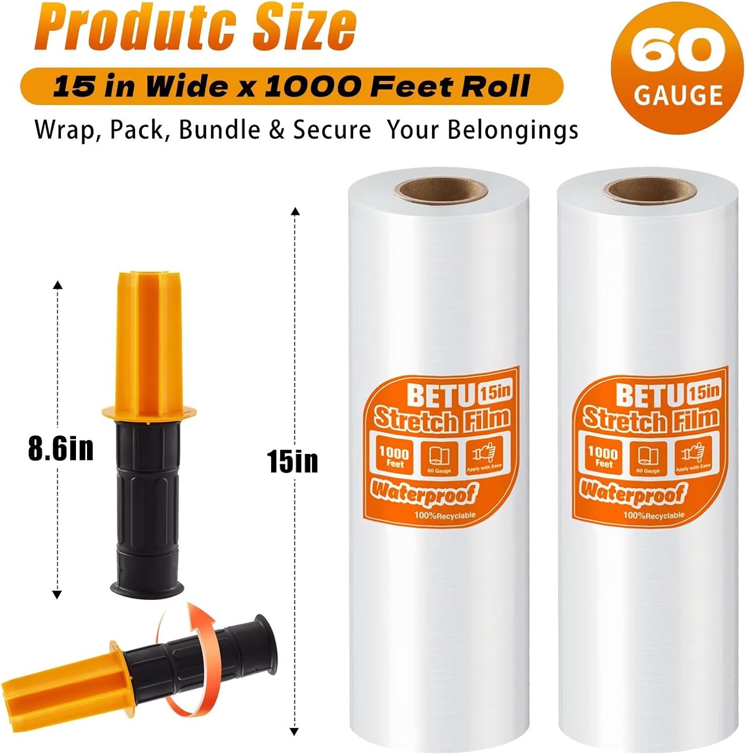 Stretch Film Shrink Wrap - Industrial Strength Plastic Wrap for Moving Supplies | 15 Inch, 1000ft, 2 Pack
