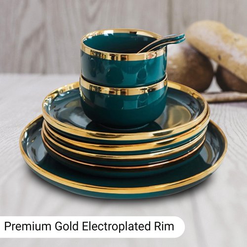 TRUCART - 18-Piece Ceramic Dinner Set for 4 People – Elegant Green Tableware with Rice Bowls, Spoons, Soup Bowl, Deep & Shallow Plates, and Saucers – Durable & Stylish
