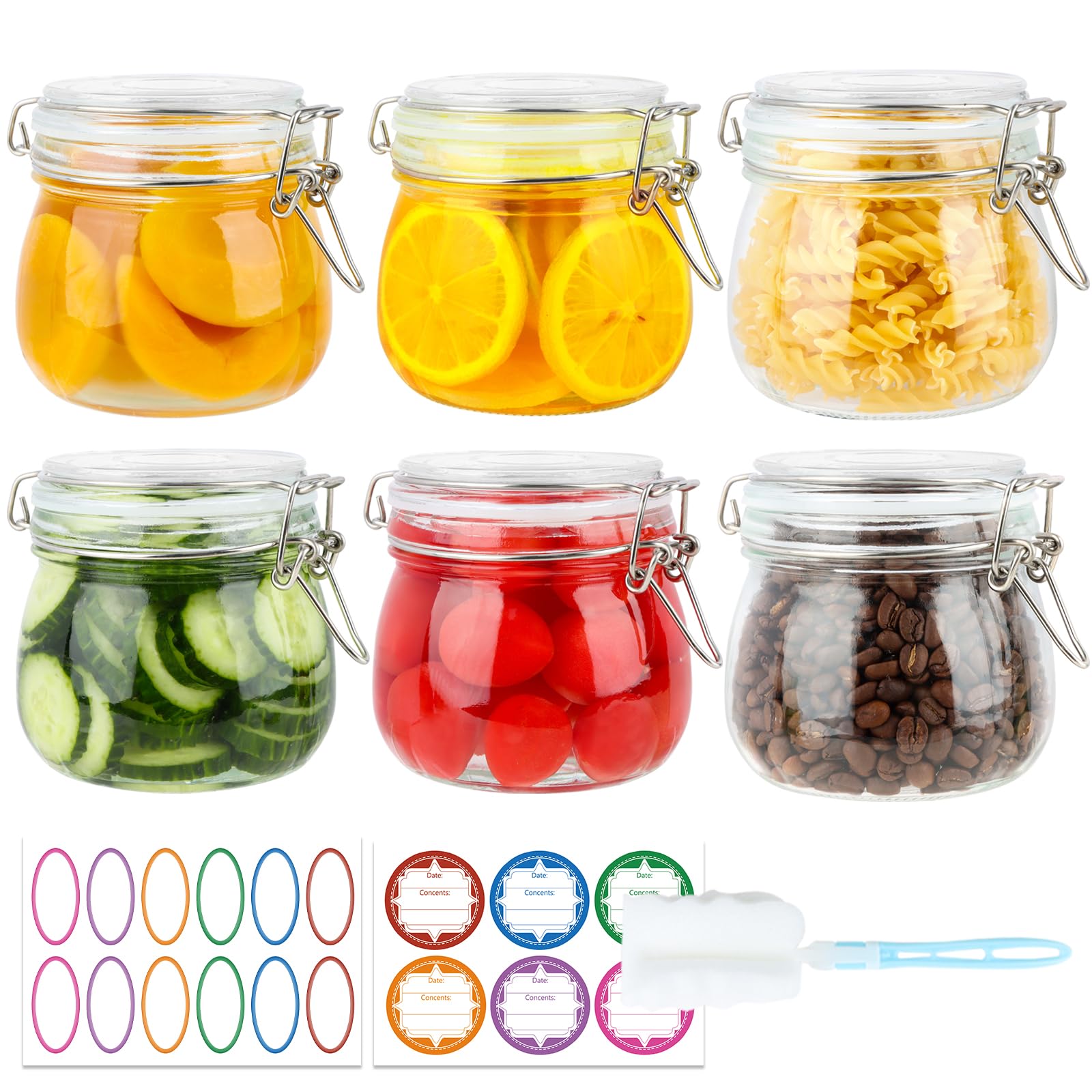 HINGWAH 16 oz Glass Jars with Airtight Lids, 6 Pack Wide Mouth Mason Jars with Clamp Lids for Kitchen Canisters, Food Storage Containers for Pickling, Coffee, Spices, Sugar, Herbs