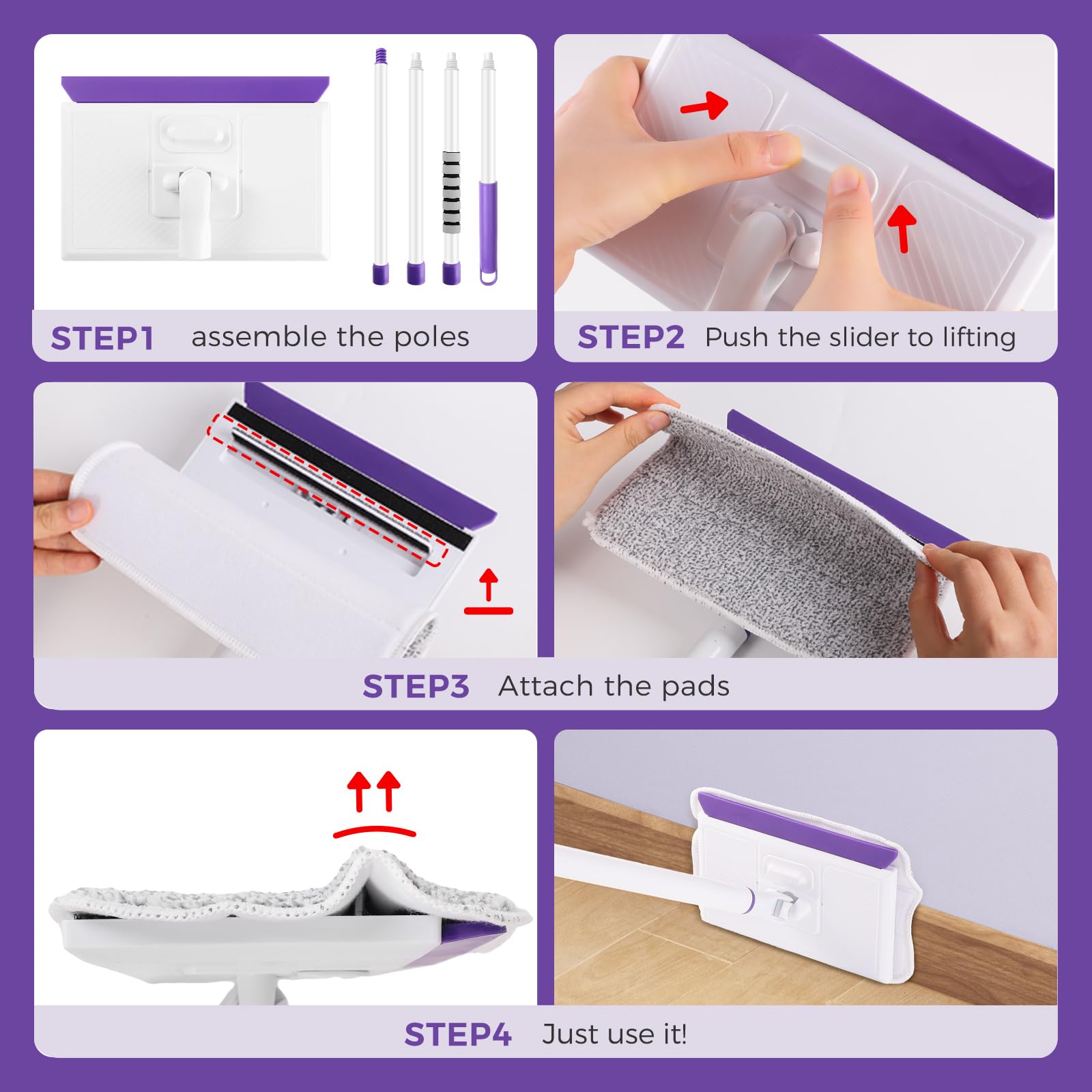 wlich Baseboard Cleaner Tool with Handle 2.0, 60" Extendable Long Handle, Dust Trapping and Locking, 5 Reusable Pads, Purple Base Boards Cleaning Tool for Moldings, Wall, Floor, Bathroom, Kitchen
