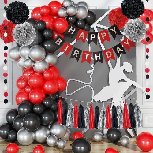 24PCS Red Black Silver Birthday Party Streamers Backdrop Decorations for Adult Women Men 21st 30th 40th 50th 60th 70th Birthday Banner Party Table Centerpieces Wall Hanging Paper Flowers Garland Décor