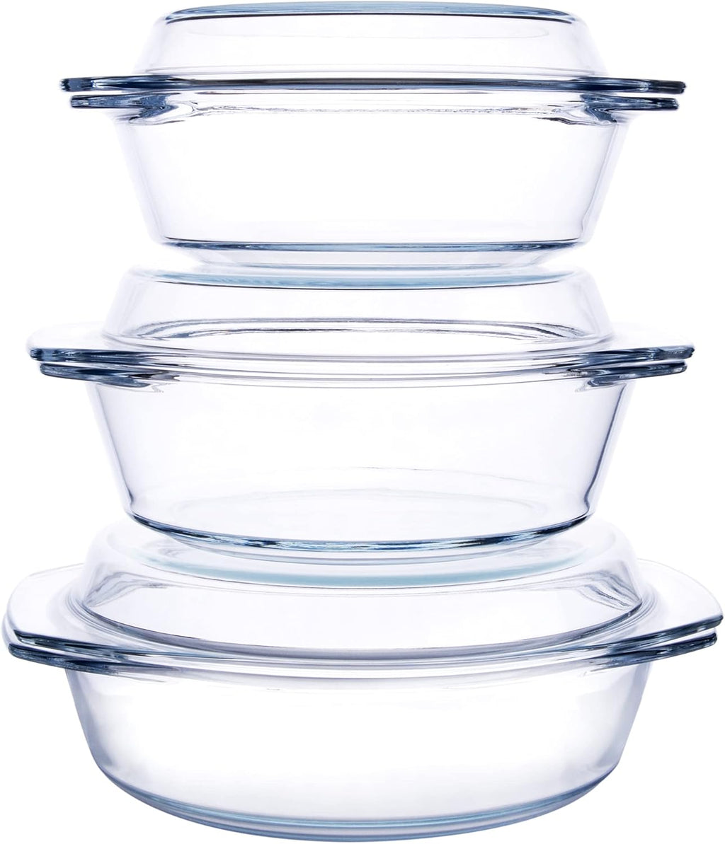 Regine Switzerland Round Tempered Glass Casserole Dish Set - 6 Pieces with Lids, Oven & Dishwasher Safe | 1QT, 1.5QT, 1.8QT