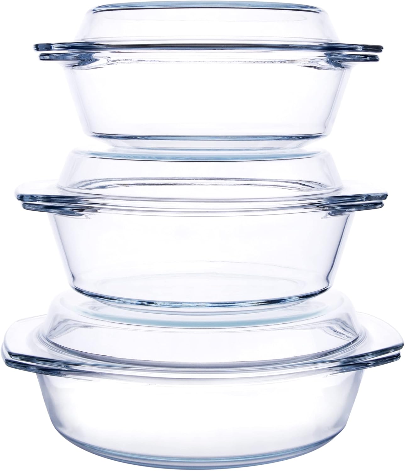 Regine Switzerland Round Tempered Glass Casserole Dish Set - 6 Pieces with Lids, Oven & Dishwasher Safe | 1QT, 1.5QT, 1.8QT