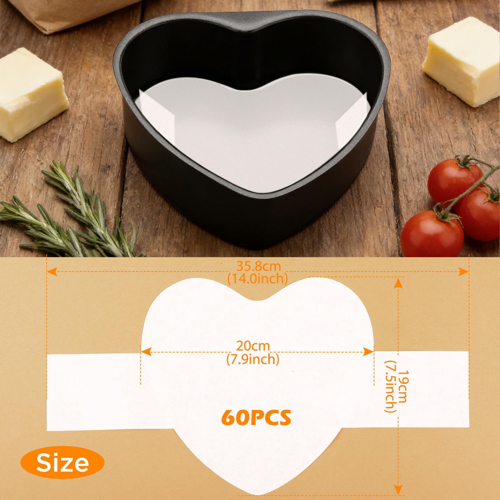 GeeRic Baking Parchment Paper 8 inch Heart Shape, 60 Pcs Cake Pan Liner with Lift Tab, Non-Stick Precut Baking Parchment for Baking Cookies, Bread (White)